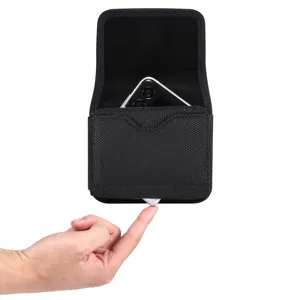 Detail view of the black fabric folding phone pouch showing interior and neat texture.