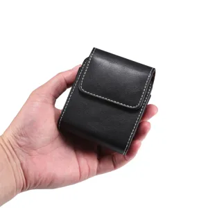 Black leather folding phone case detail shot, premium stitching design, compact and protective.