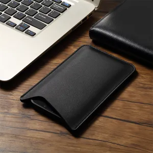 Slim black PU leather phone pouch universal sleeve pocket portable slipcase for smartphones.