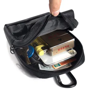 Detail view of black oxford cloth utility waist pouch showing large inner storage capacity.