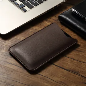 Ultra-thin PU leather universal slip-in phone sleeve brown portable pouch pocket daily use