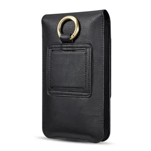 Schwarze Leder Handytasche Detail, doppelte Schicht mit Metallring und Gürtelschlaufe.