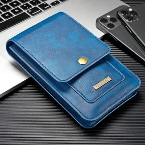Funda de cintura de cuero azul para teléfonos grandes, estuche de transporte diario resistente.