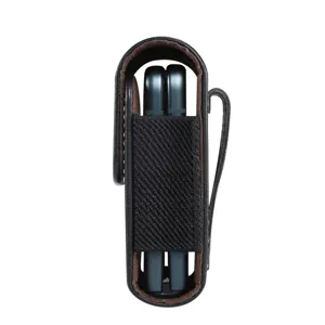 Black leather vertical phone holster pouch for foldable smartphones with elastic side design.