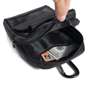 Durable tactical oxford cloth mobile phone waist bag detail view showing inner compartments and hooks