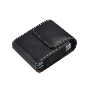 Close-up detail of black leather foldable phone holster case with white stitching and elastic band.