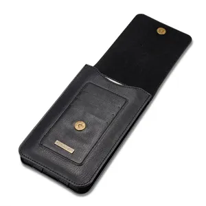 Detailansicht der schwarzen Leder Handytasche, Doppelschicht Etui mit Kartenfächern.