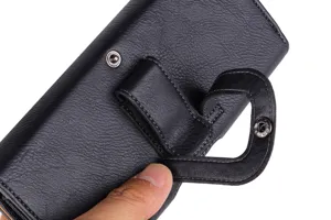 Black faux leather phone holster for belt with snap button, durable waist pouch for men.