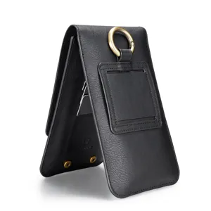Schwarze Leder-Doppelschicht-Handytasche Gürteltasche mit Metallring und Kartenfach für Alltag.
