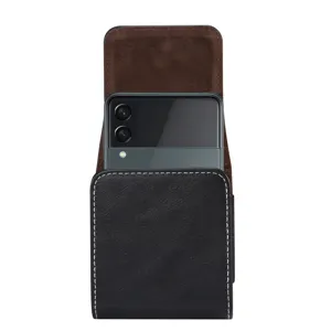 Black leather phone holster pouch with soft brown interior lining for folding smartphones.