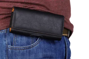 Men's black leather horizontal cell phone waist pouch belt holster for daily use