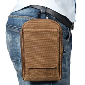 Durable oxford cloth phone waist bag detail view, hanging on belt for easy daily carrying.