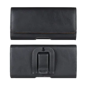 Black leather horizontal mobile phone waist pouch with belt clip and magnetic closure.