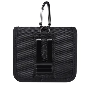Universal folding phone pouch with belt clip and carabiner in black nylon fabric design.