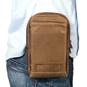 Durable oxford cloth waist bag for mobile phone, brown utility pouch for men daily use.