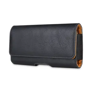 Black leather cell phone holster detail, horizontal belt pouch with magnetic closure flap.