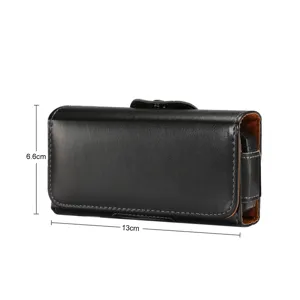 Leather phone holster detail view, black waist pouch with belt loop and flap closure.