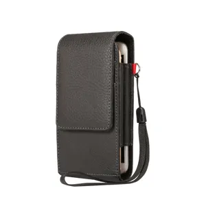 Riñonera Universal de Cuero PU con Patrón de Lichi para Teléfono Funda Vertical con Doble Ranura para Tarjetas Estuche de Cinturón con Tapa Con Correa de Muñeca Para iPhone Samsung Huawei