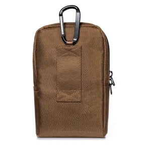 Detail shot showing the durable oxford cloth texture, sturdy belt loop and metal carabiner on the phone pouch.
