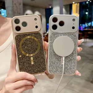 Luxury Glitter Magnetic Glass Phone Case with Large Camera Window and Wireless Charging Support.