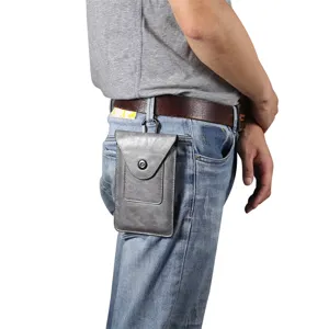 Herren Leder Gürteltasche für Handy mit Gürtelhaken und Kartenfach, graues dünnes Smartphone Etui.
