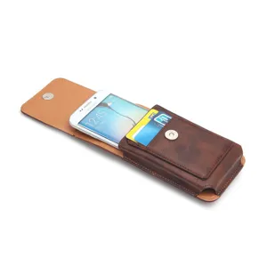 Brown leather phone holster waist bag with card slot and magnetic closure for universal use
