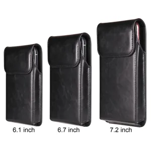 Close-up view of black leather phone pouch showing size options and fine grain texture.