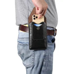 Herren Leder Gürtel Handytasche Schwarz Universal Hüfttasche mit Kartenfach für Smartphone