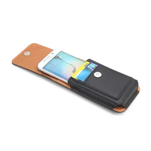 Detail view of black leather phone holster featuring a convenient card slot and secure magnetic clasp.