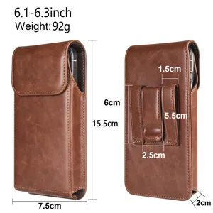 Vertical brown leather phone holster waist bag with belt loop and magnetic closure for men.