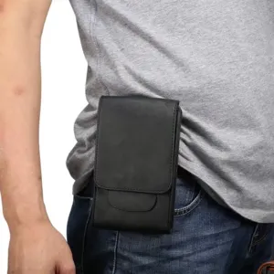 Etui de telephone portable en cuir noir pour hommes sac banane universel ceinture