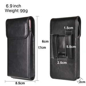 Black PU leather vertical phone holster with belt clip, 6.9 inch size, 99g weight.