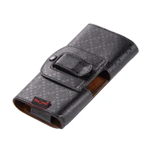 Schwarze strukturierte Leder Handy Holster Tasche für iPhone 13 mit Gürtelclip und Lasche.