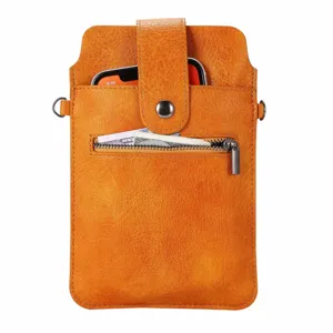 Leren crossbody telefoontas met ritsvak en drukknoopsluiting, oranje universele houder.