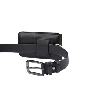 Detail view of black leather phone holster belt loop, premium material business accessory.