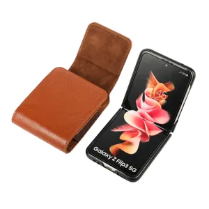 Pochette de ceinture en cuir marron pour téléphones pliables, étui à rabat avec clip.