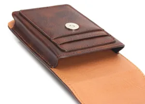 Brown leather phone holster with card slots and magnetic closure for daily outdoor use.