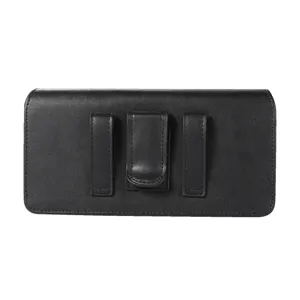 Black leather phone holster detail, horizontal waist pouch with belt clip and loops.