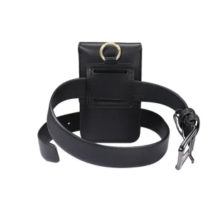 Men's black leather phone holster with belt, double compartment waist pouch for mobile phone.