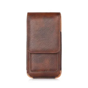 Vertical PU leather phone holster detail, retro brown texture and belt loop design.