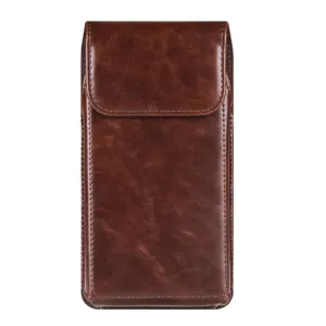 Brown leather phone holster, vertical pouch with magnetic closure and belt loop for men.