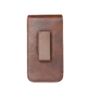 Brown leather phone holster belt pouch with clip, classic texture protective case for daily use.