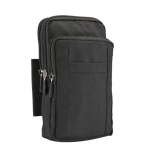 Vista dettagliata del marsupio tattico nero multifunzione con tasche multiple per cellulare.