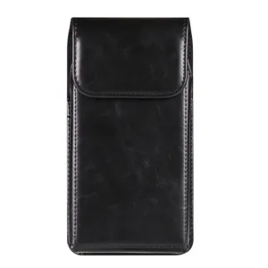 Detailed view of the black leather vertical phone holster showing fine stitching and magnetic flap.