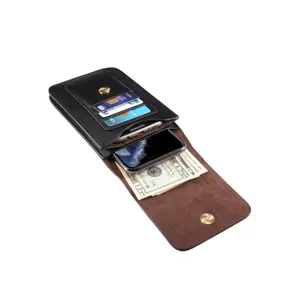 Men's black leather phone holster double compartment waist pouch with card slots and cash pocket detail.