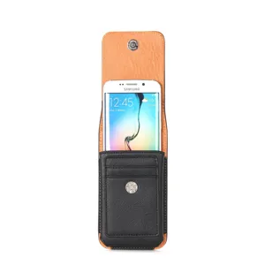 Universal vertical leather phone holster with card slots and magnetic closure for smartphones.