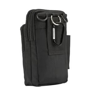Vista dettagliata del marsupio tattico nero per telefono, borsa in nylon resistente con gancio.