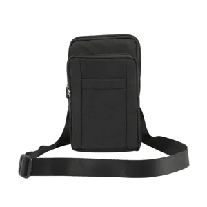 Borsa a tracolla nera multitasca per telefono con cinghia regolabile e chiusure lampo.