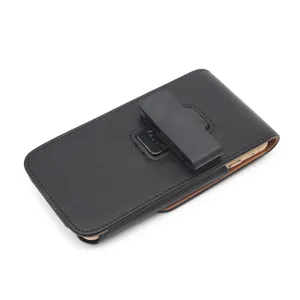 Black leather phone holster with rotating belt clip and card slot, universal protective case.