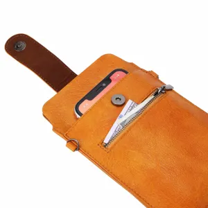 Bruine lederen mobiele telefoon crossbody tas vintage holster met ritsvak en magnetische knop.